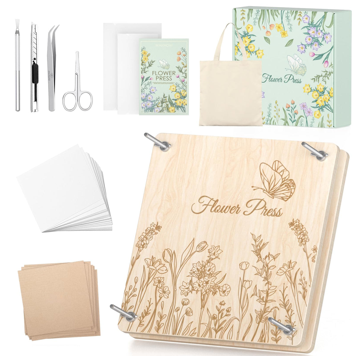 Wakhow Flower Press Kit – 11" x 11" Large Wooden Flower Presser for Adults & Teens | DIY Bouquet Preservation & Dried Flower Art | Ideal Gift for Nature & Craft Lovers