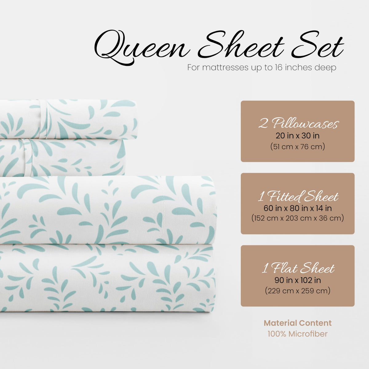 Linen Market Patterned Microfiber Queen Sheet Set 4 Piece – Oeko-TEX Certified Ultra Soft & Wrinkle-Free - 16" Deep Pocket Sheets - Easy Care Queen Size - Burst of Vines Light Blue