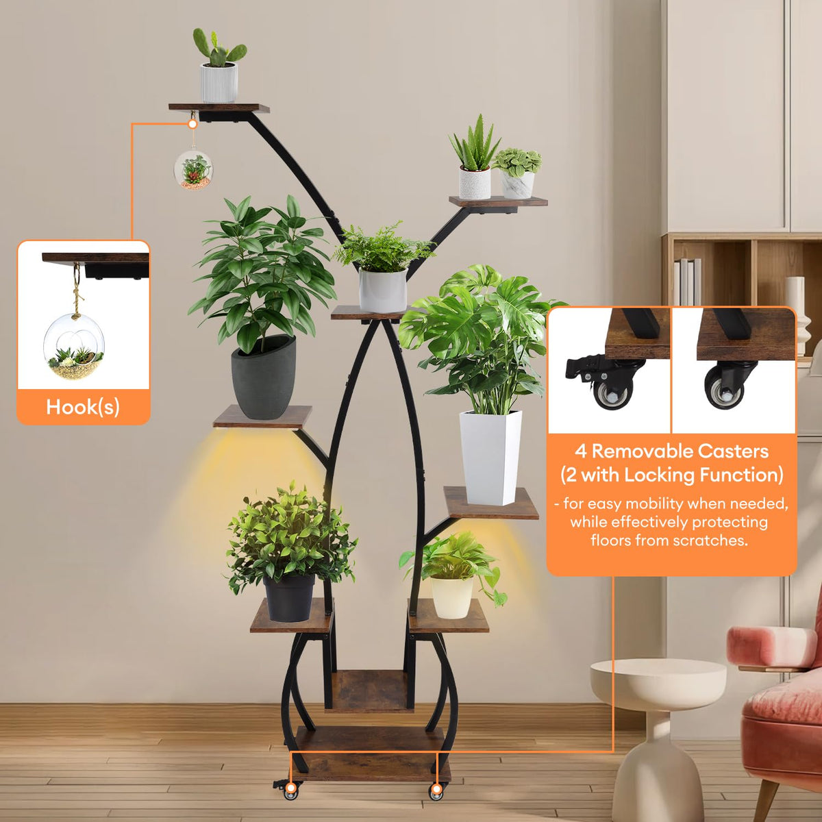 Plant Stand Indoor with Grow Lights - 82" Tall Plant Shelf, Lighted Corner Plant Stands for Indoor Growing, 8 Tiered Large Flower Holder, S-Shaped Decorative Rack for Living Room, Patent Design