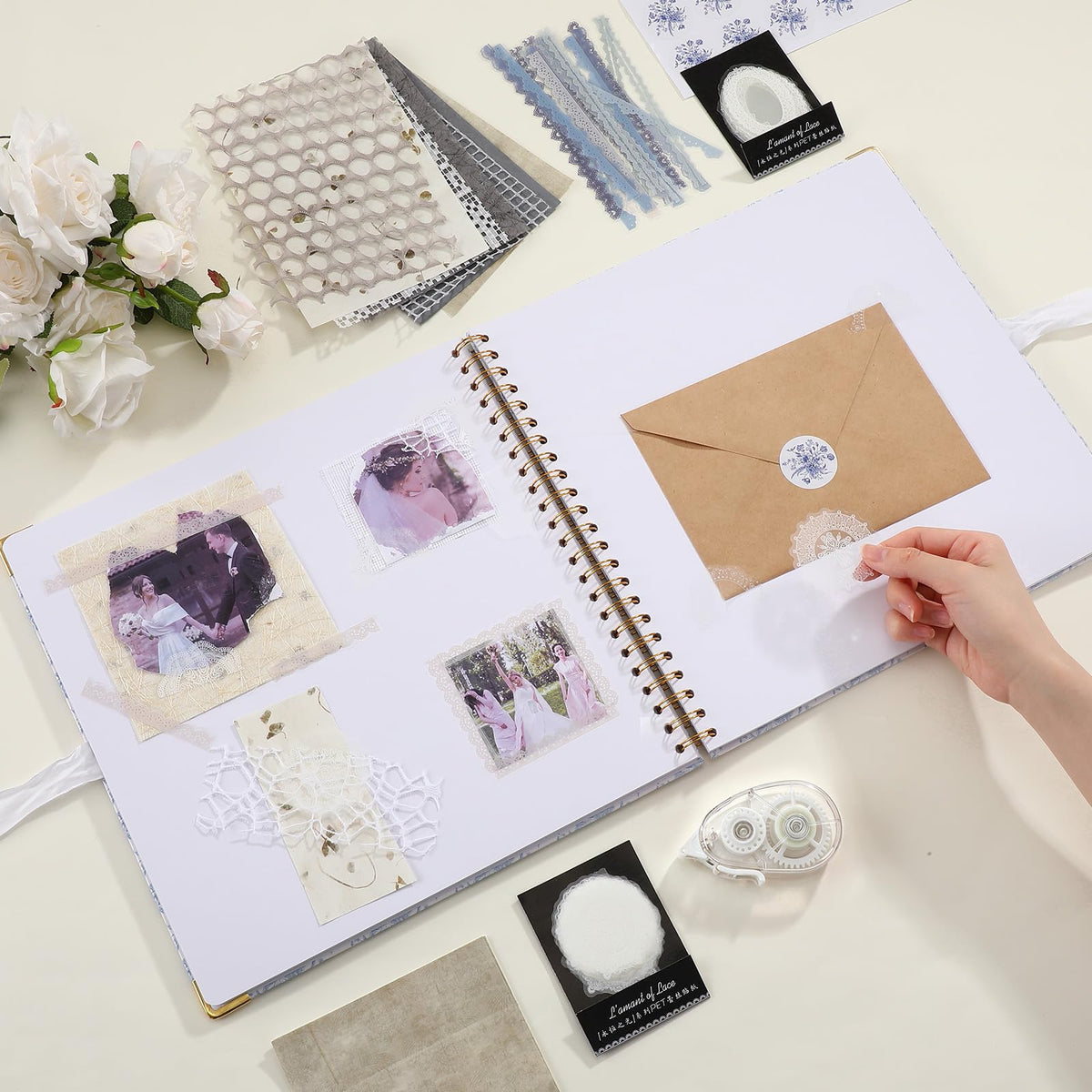 Humyoun Wedding Guest Book Letters to The Bride Scrapbook Wedding Memory Book Bridal DIY Blank Paper Scrapbook Photo Album Guest Sign with Pearl Stickers(12 x 12 Inch,Floral,Blue)