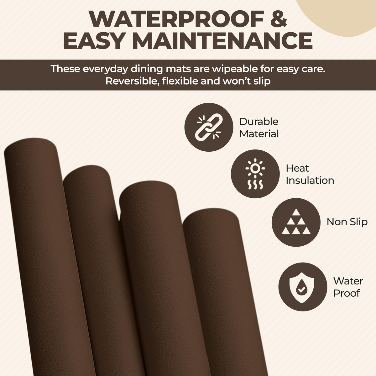 CaSail Faux Leather Placemats and Coasters - Set of 4 Round Modern Brown Table Mats for Dining - Heat Resistant, Waterproof & Non Slip Place mat for Indoor & Outdoor - Wipeable for Easy Care (Brown)