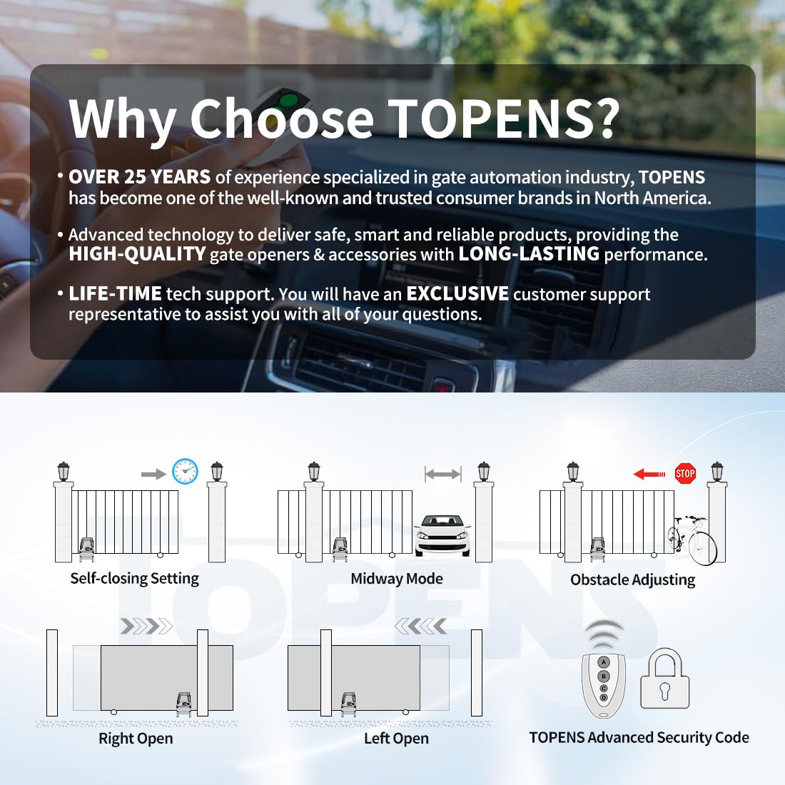 TOPENS BK800 Automatic Sliding Gate Opener Strong Belt Silent Drive Electric Gate Motor for Heavy Driveway Slide Gate Up to 1800 Pounds, Gate Operator AC Powered with 40ft Belt and Remote Control