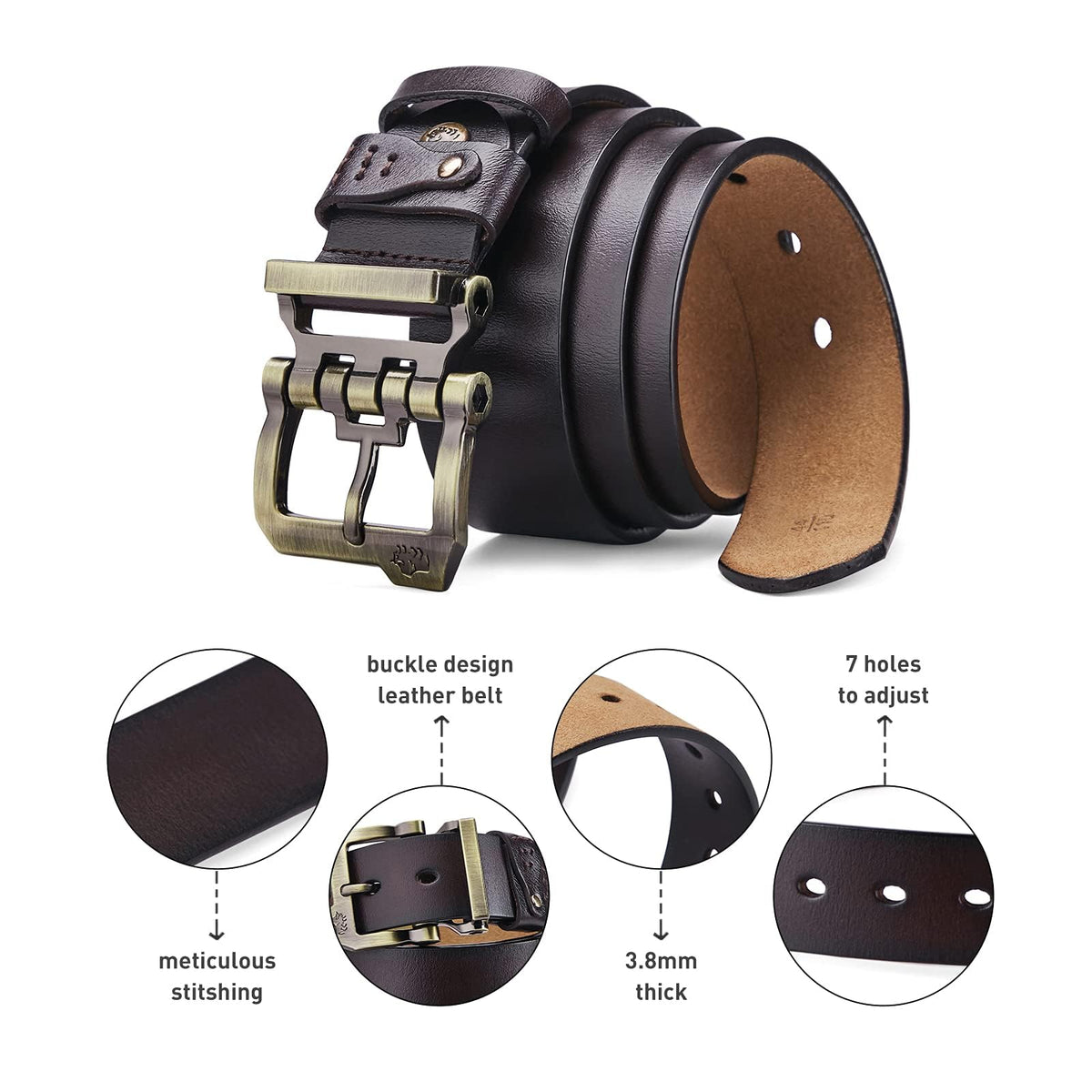 BISON DENIM Men's Belts Leather Dress Genuine Leather Classic Heavy Duty Buckle Belt Casual for Jeans…