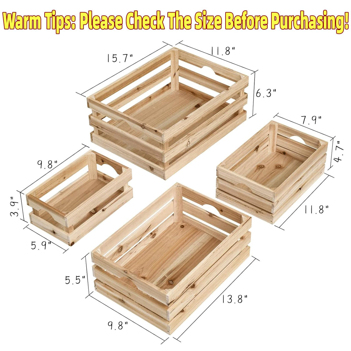 UPPER DECOR Large Wooden Crates Unfinished Set of 4 Decorative Storage Box with Handles, Rustic Farmhouse Wooden Crates for Display, Living Room Container Basket Box for Kitchen, Pantry, Bedroom