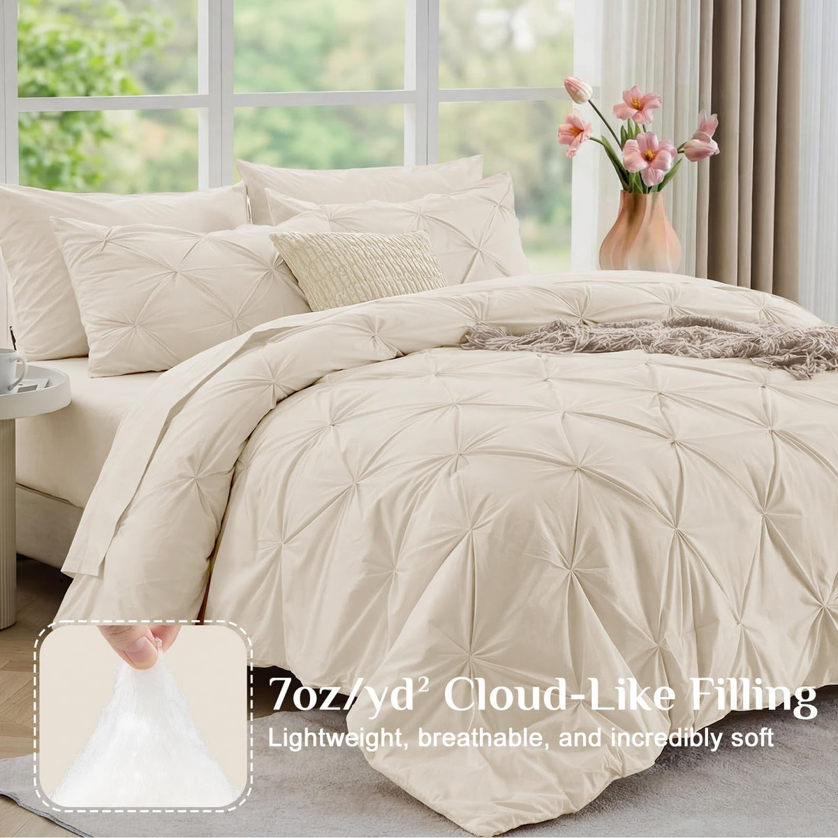 JOLLYVOGUE Queen Comforter Set 7 Pieces - Bed in a Bag Queen for All Season, Pintuck Bedding Comforter Sets with Comforter, Flat Sheet, Fitted Sheet and Pillowcases & Shams, Beige