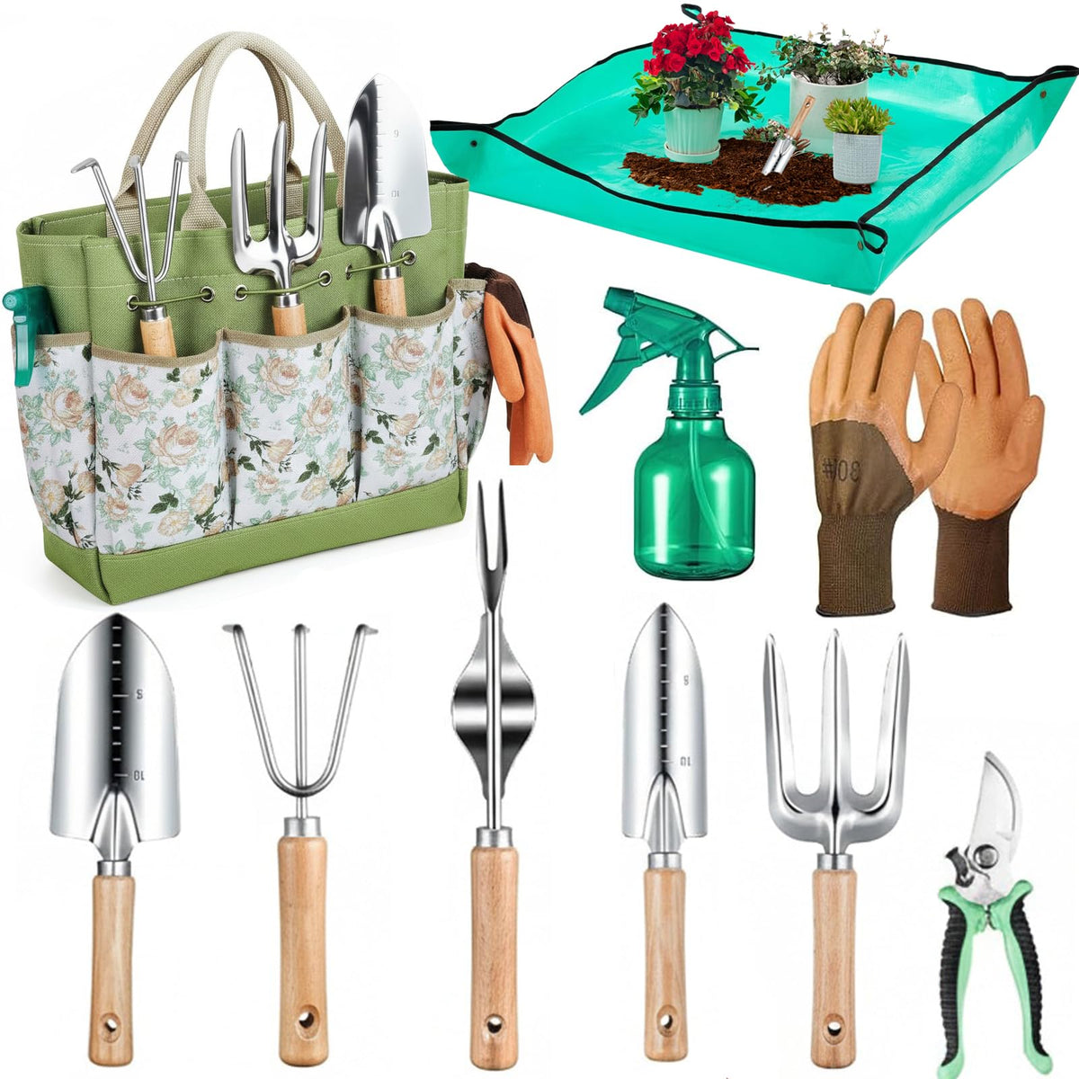 LXDHSRTA Heavy Duty 10-Piece Garden Tool Set, Rust-Proof Stainless Steel Gardening Hand Tools, Ergonomic Non-Slip Grips, Ideal Gardening Gifts for Women & Men – Gardening Essentials (Green)