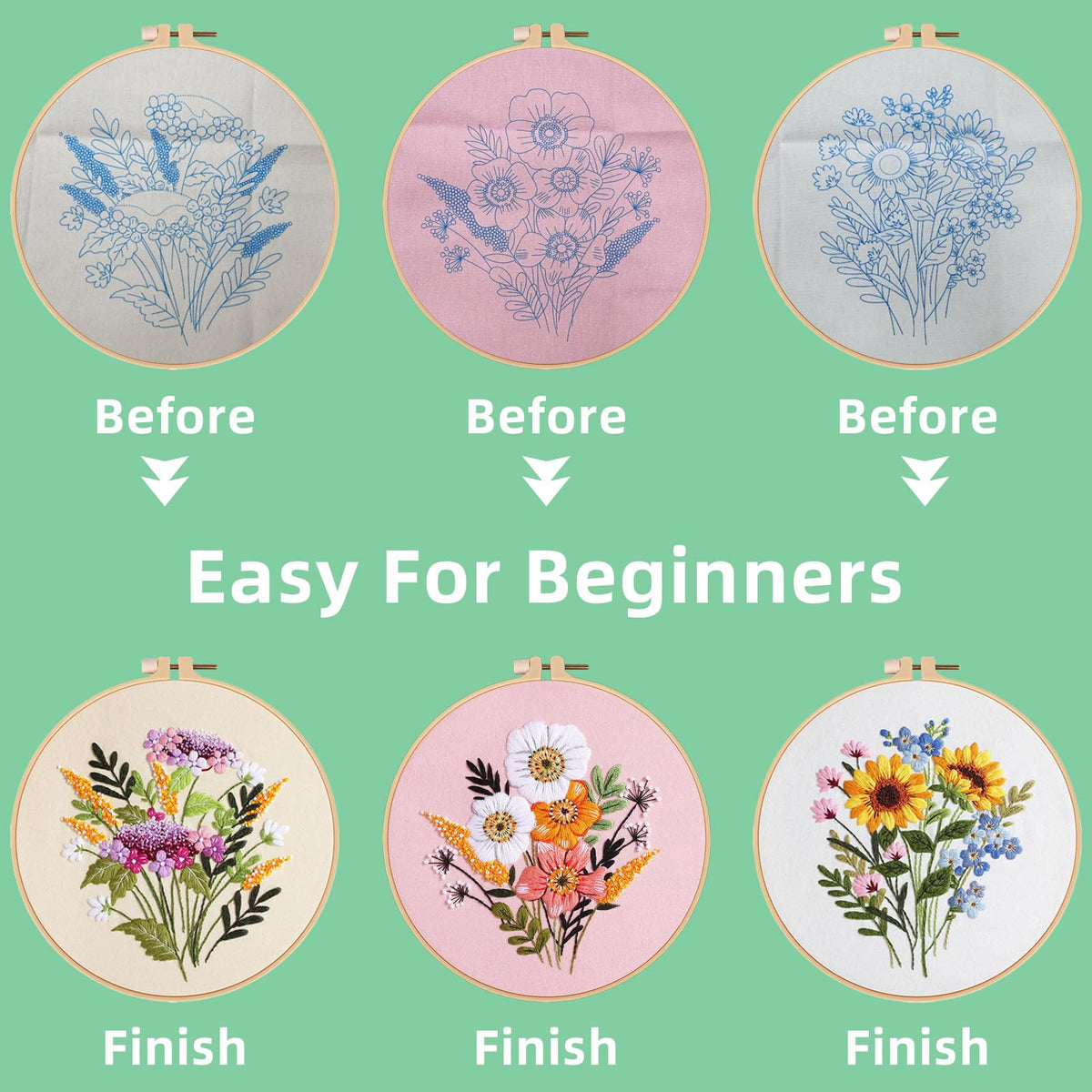 Herdiese 3PCS Embroidery Kit for Beginners with Floral Patterns – Cross Stitch Kits for Adults Including Hoop, Pre-Printed Fabrics, Threads, 9 Needles & Scissors – Easy Instructions