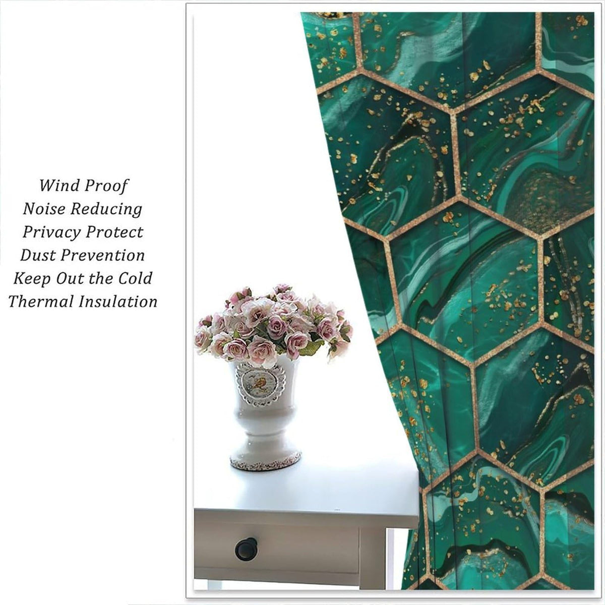 BPANAOAD Green Hexagon Marble Blackout Curtains 2 Panels, Gold Foil Print Luxury Modern Geometric Grommet Drapes, Thermal Insulated Room Darkening Window Treatments for Living Room Bedroom 42x44 Inch