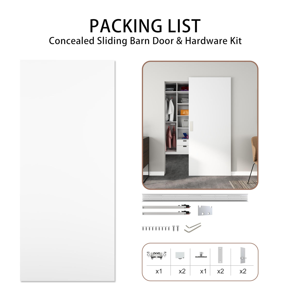 JUBEST 30"x84" Flush Solid Core White Primed Concealed Sliding Hidden Barn Door with Soft Close Installation Hardware and Double Sided Pulls Included