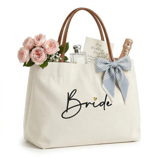 Ugiftcorner Bridal Shower Gifts for Bride Tote Bag, Embroidered Canvas Wedding Essential Bag with Leather Handle & Pocket, Bride to be Gifts, Bachelorette Honeymoon Beach Bag
