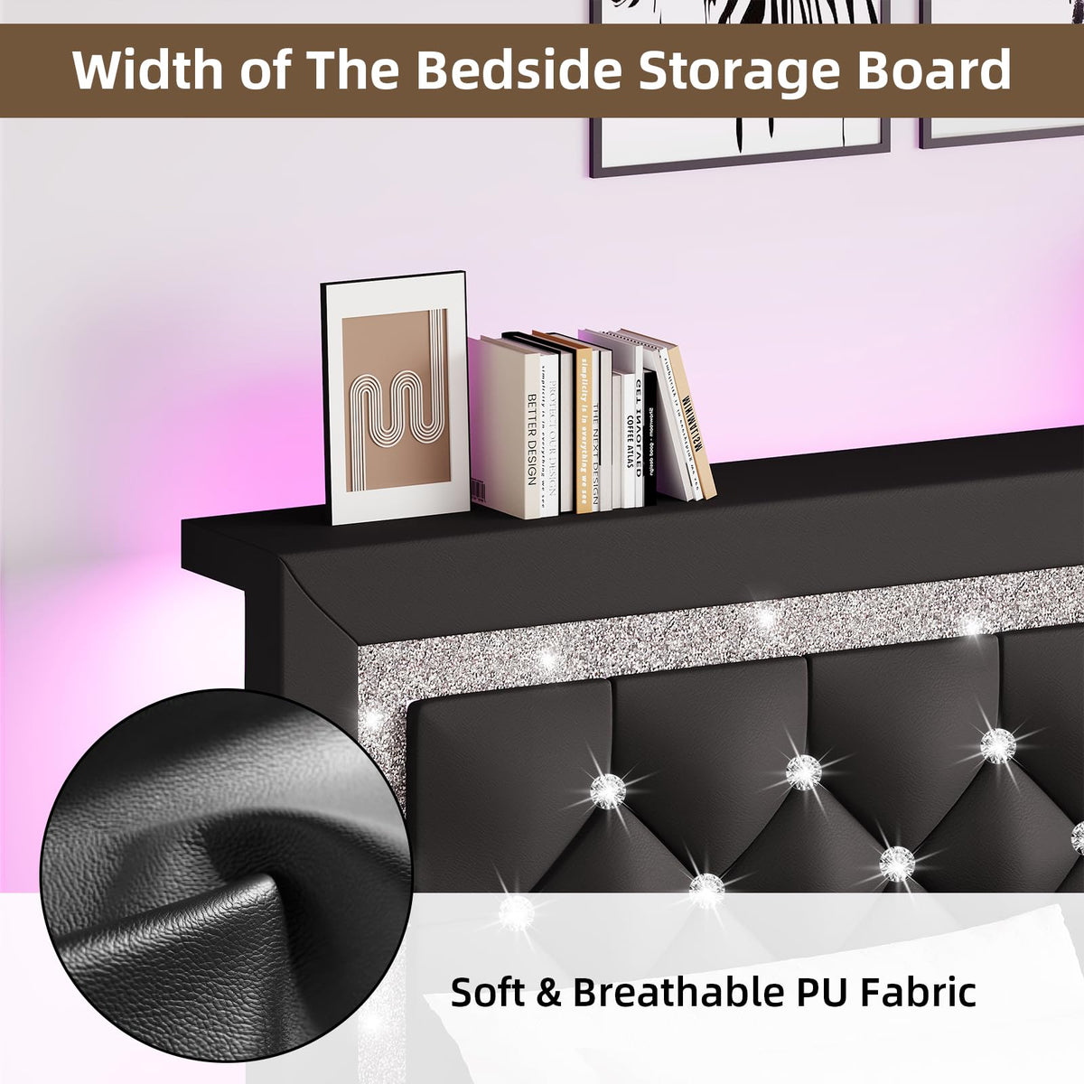 Twin Bed Frame with Storage Headboard, Upholstered Platform Bed Frame with Diamond Tufted Headboard and LED Lights, Wooden Slats Support, Noise Free, No Box Spring Needed, Easy Assembly, Black