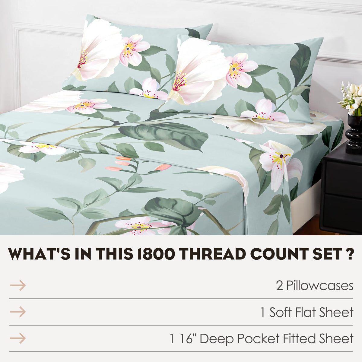 HCORA Floral King Size Sheets Set, Luxury 1800TC Hotel Quality Double Brushed Microfiber Deep Pocket Bed Sheets, Ultra Soft, Breathable and Cooling, 4PC, King