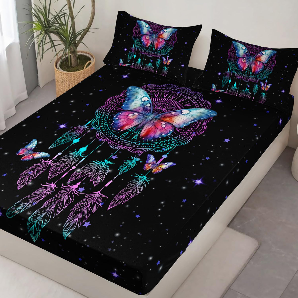 HOSIMA Butterfly Fitted Sheet Twin Size for Girls,Dream Catcher Bedding Set for Women Girls Room Decor Aesthetic,Black Galaxy Starry Print Boho Bedding Set with 2 Pillowcases.