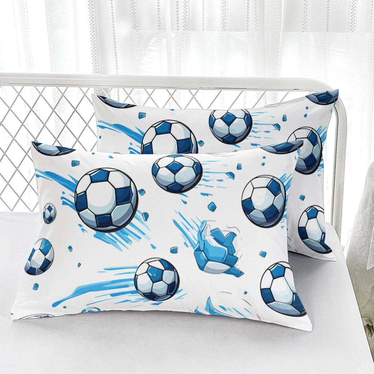 AILONEN Kids Soccer Full Size Fitted Sheet Set, Sport Football Bed Sheet, Blue Graffiti Bedding for Boys Adults, 1 Fitted Sheet With 2 Pillowcases, 3 Piece