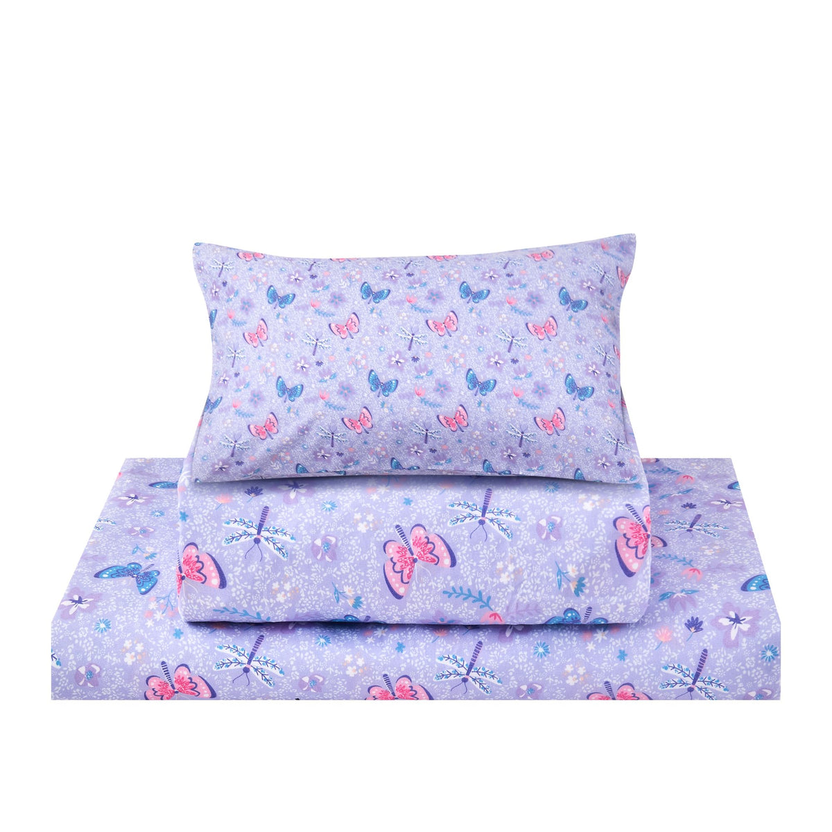 lasoftan Kids Sheet Set Twin Size 3 Pcs, Girls Sheet Set with Floral Butterfly Pattern，Kids Twin Fitted Sheet，Breathable & Silky Soft Microfiber Fitted Sheet
