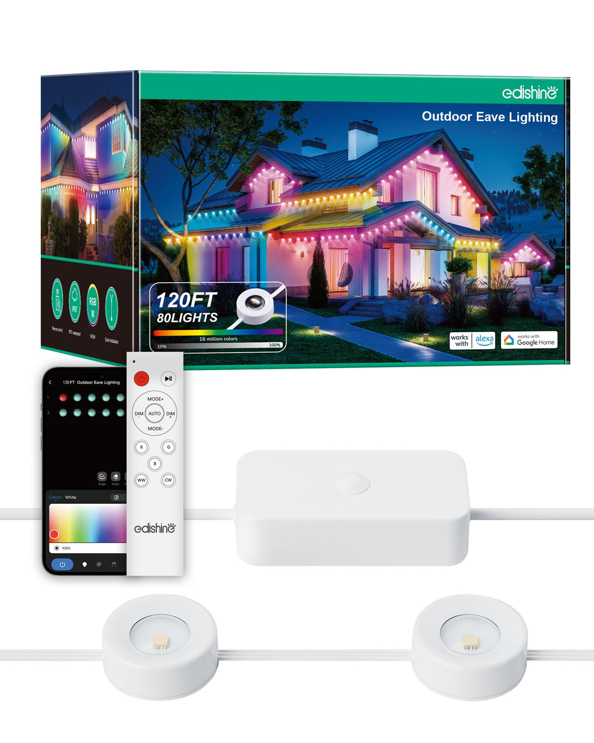 EDISHINE 120ft Outdoor Christmas Lights, 80 LED Smart RGBW Eaves Light, IP67 Waterproof, Works with Alexa, Model OL06, White