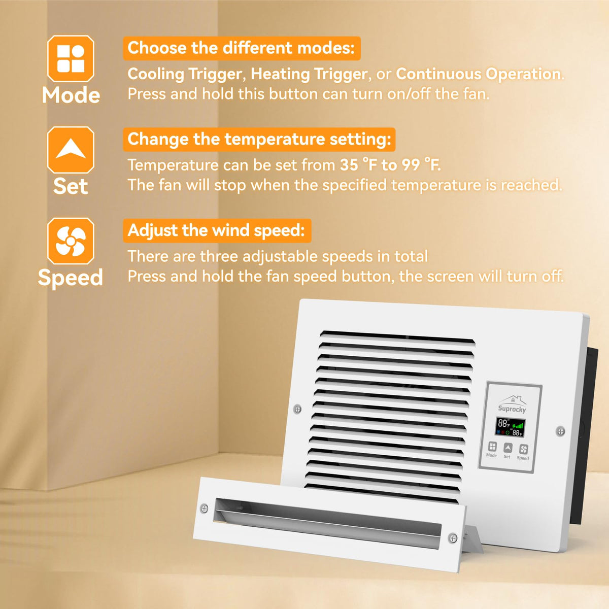 Suprocky Room to Room Air Transfer Fan, Through Wall Exhaust Fan with Intelligent Programmed Air Exchange System, Hardwired, 3-Speed, In Wall Vent Fan with Temperature Sensor, 200CFM, RTR140