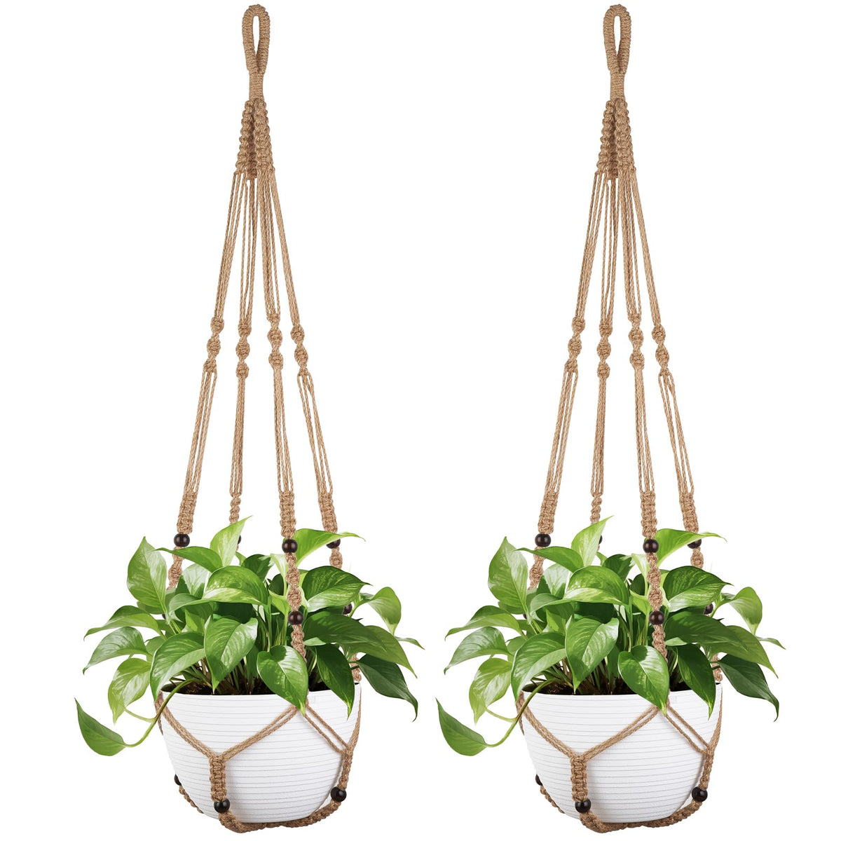 Mkono 43 Inch Macrame Plant Hanger Large for up to 12 Inch Pot Extra Long Hanging Plant Holder No Tassels Hanging Planter Basket with Wood Beads for Indoor Outdoor Home Decor, Brown, Set of 2