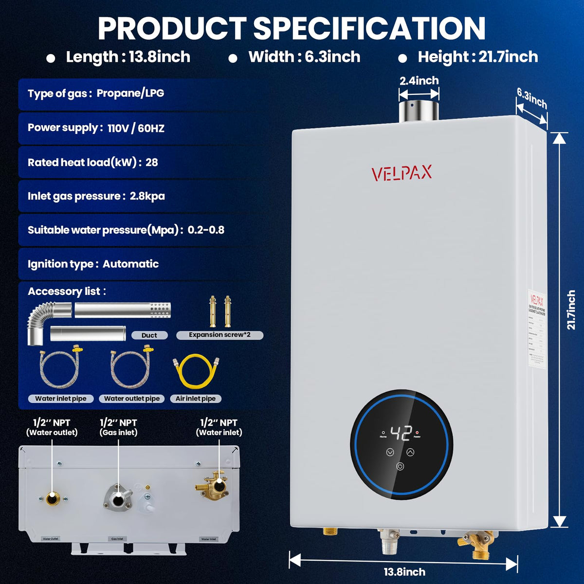 Propane Tankless Water Heater, 4.74GPM 18L Indoor,Constant propane water heater,Instant Hot Propane Gas water heater with Multi-Protection