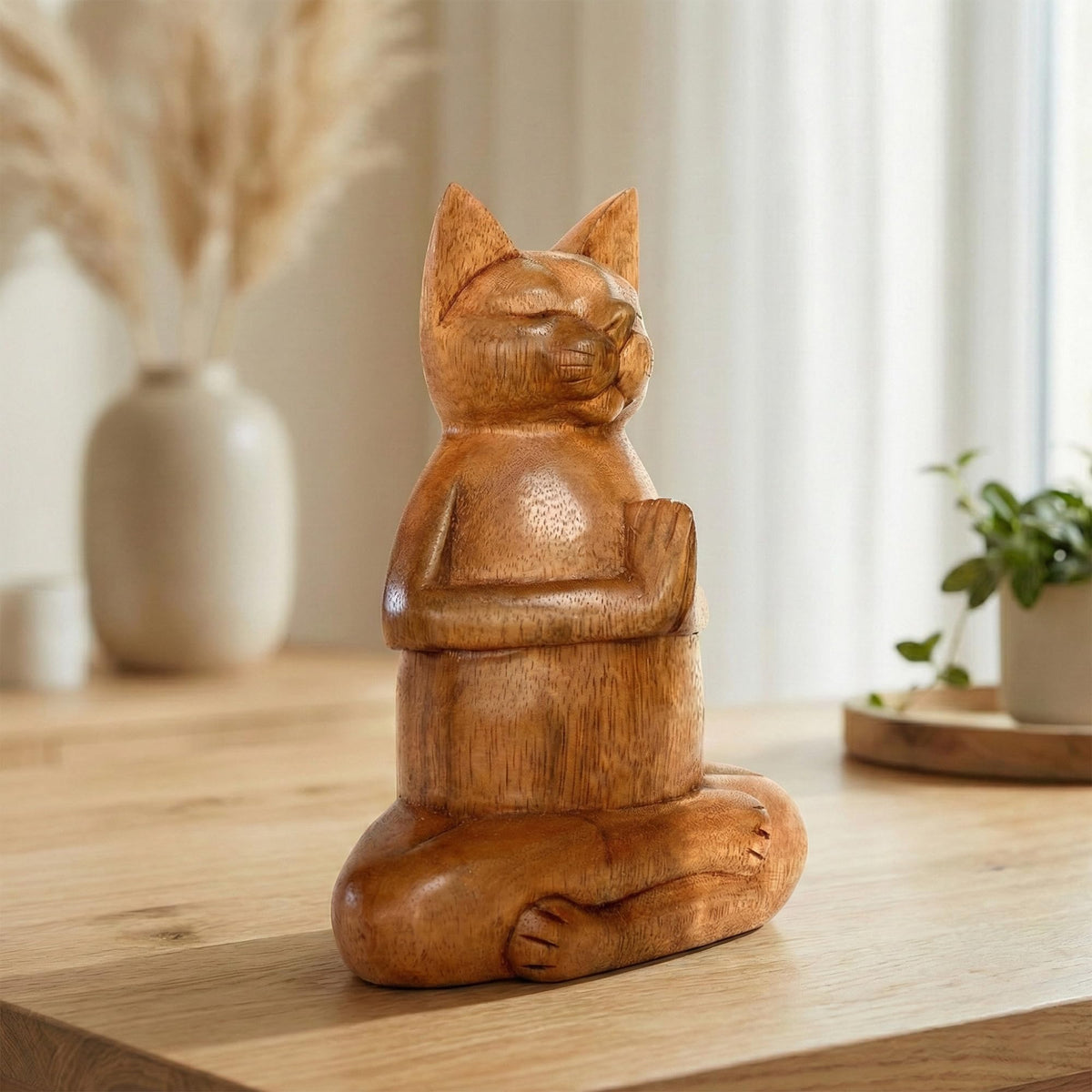G6 Collection 8" Wooden Hand Carved Siamese Cat Yoga Pose Statue Sculpture Handcrafted Art Decoration Home Decor Accent Decorative Kitty Kitten Figurine Gift Handmade (Fire Log Pose)