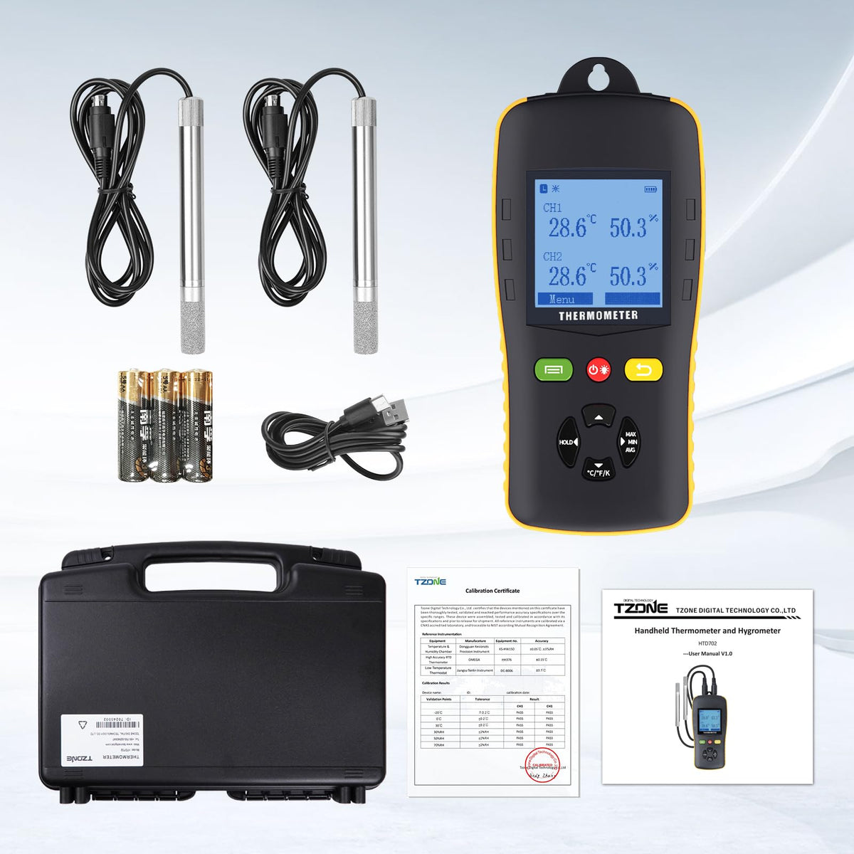 Tzone Temperature and Humidity Data Logger USB with Probe,Dual Channel Temp Humidity Recorder with Data Report, Digital Industrial Thermometer Recording Handheld RH Logger for Greenhouse Freezer Lab