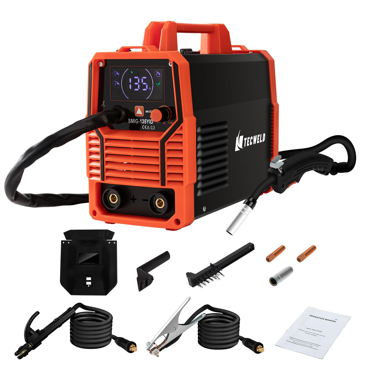 TECWELD 135A MIG Welder 110V 3-in-1 Synergic IGBT Inverter (MIG/Lift TIG/Stick) - Gasless Flux Core, Portable Welding Machine with LED Display