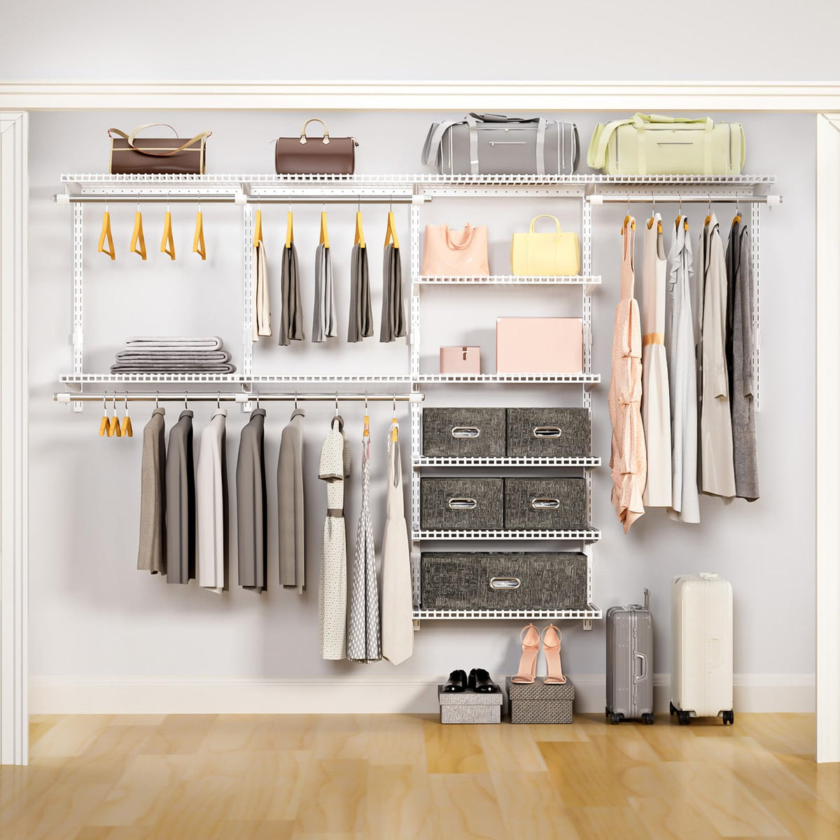 Vilaxing Wire Closet Organizer System, Wall Mounted 8.7 Ft. Custom Closet Kit for Bedrooms Laundry Mudroom Garage Basement, Adjustable Storage Shelves for Clothes Shoes Handbags