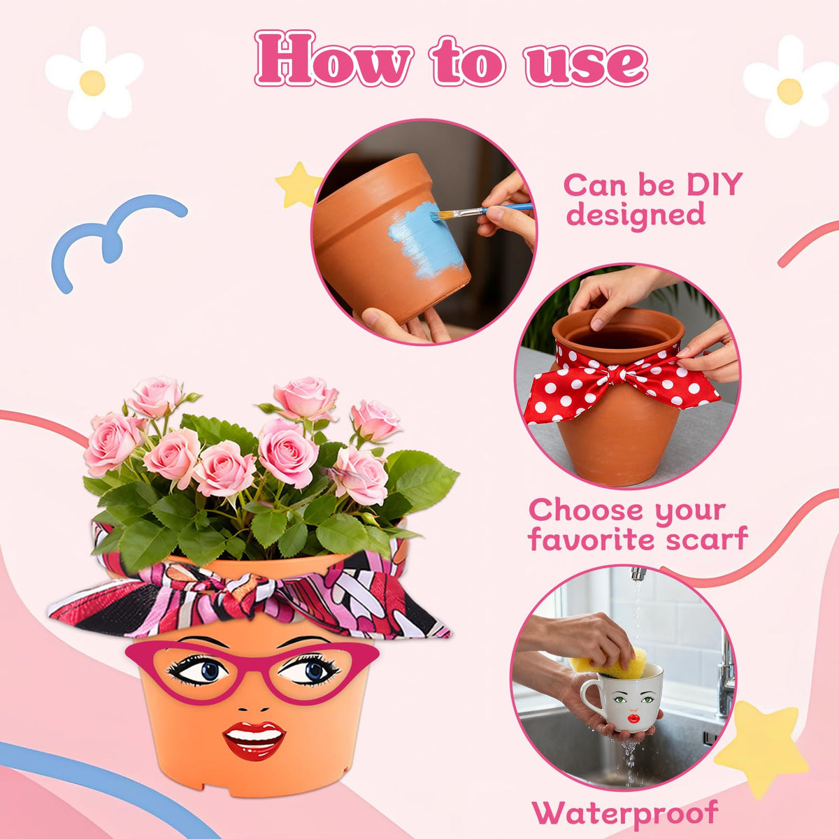 DIY Flower Pot Painting Kit with Face Stickers & Ribbons – Funny Plant Pot Craft, Creative Garden Decor for Journals Gifts Parties