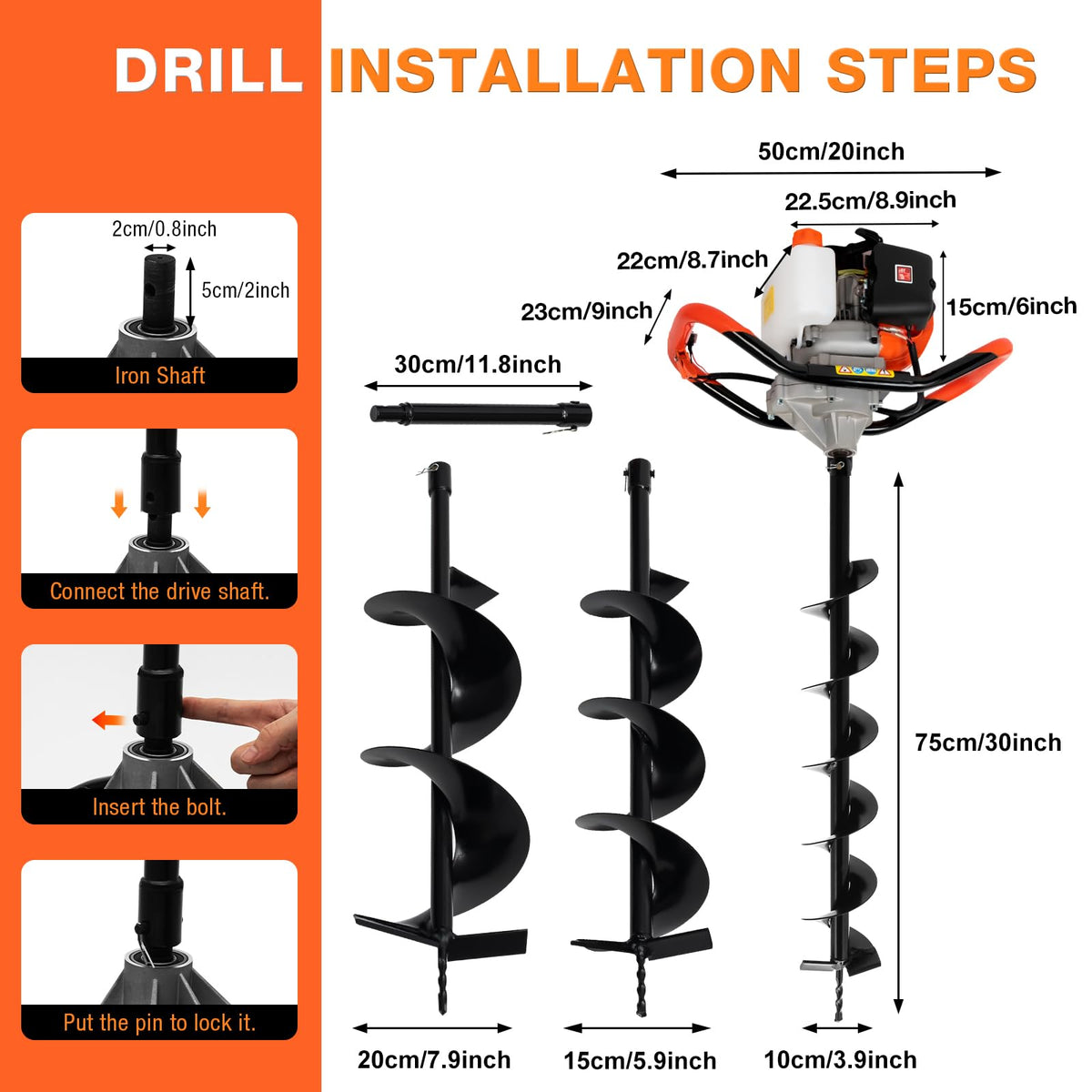 Post Hole Digger, 52cc 2.3HP 2 Stroke Gas Powered Auger, Steel Construction Digging Tool with 3 Drill Bits (4", 6", 8") and Extension Bar for Fence Poles Tree Planting Gardening Soil