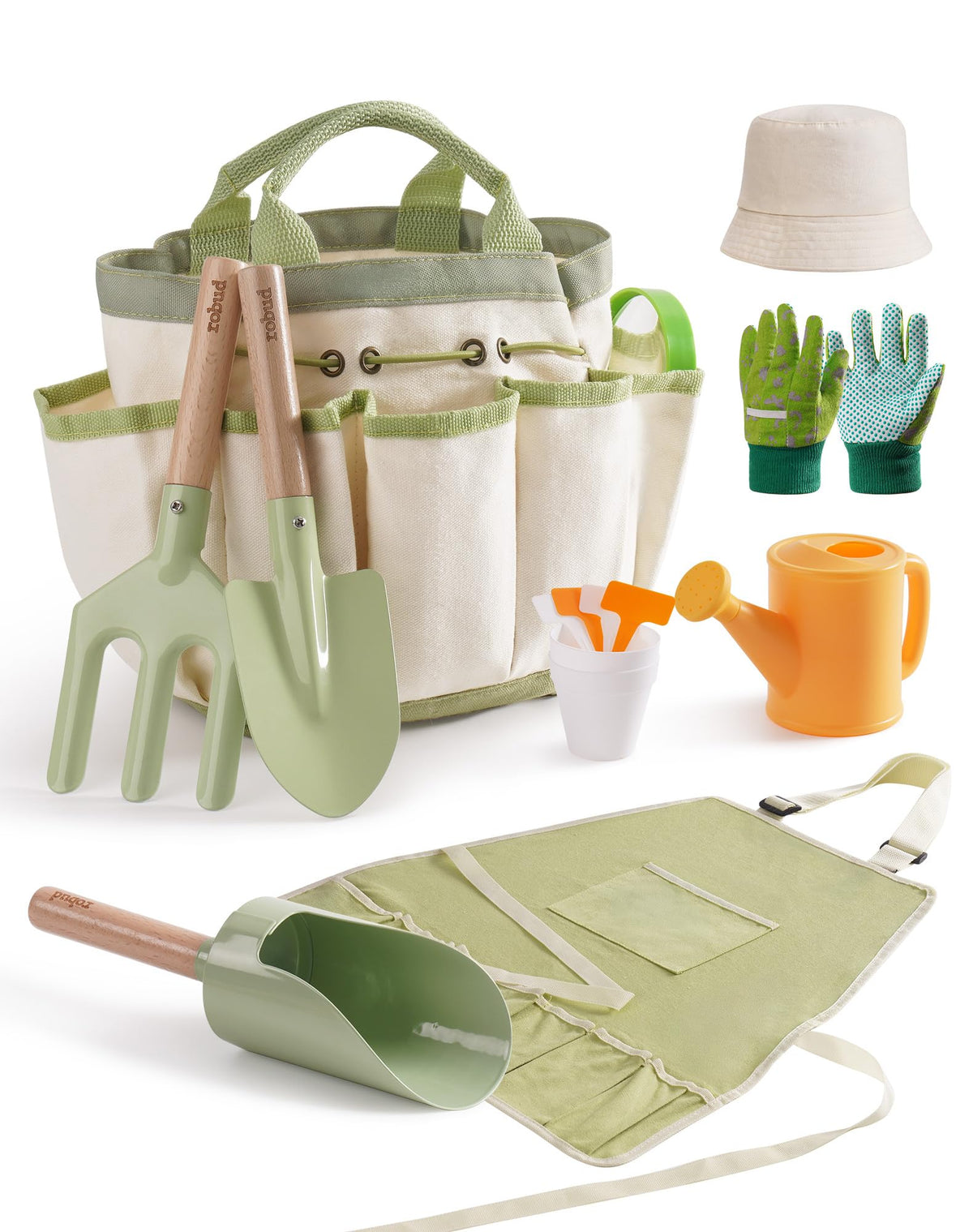 ROBUD Kid Gardening Set, Wooden Garden Tool for Kid, Garden Tool Kit with Tool Storage Bag, Apron, Gloves, Montessori Toys for Kids to be Closed to Nature, WRP25