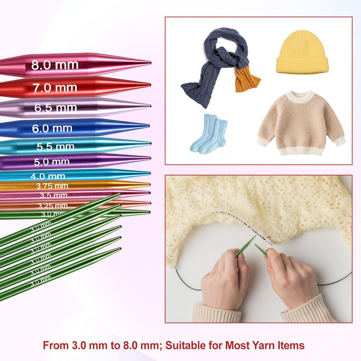 Hoowen Short Interchangeable Knitting Needles Set, 2-Inch Metal Circular Knitting Needles Kit for Beginners, 12 Pairs, Size US 2.5, 3, 4, 5, 6, 7, 8, 9, 10, 10.5, 11 with Case, Cables & Accessories