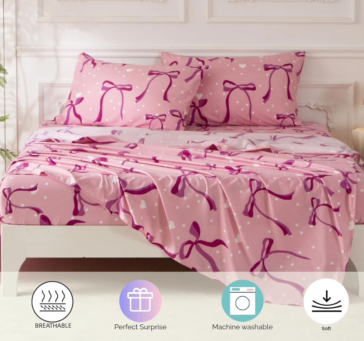 SDY Pink Bow Twin Size Comforter Set, Luxury Soft Bed in a Bag Twin 5 Pieces, All Season Bedding Set with Comforters, Sheets, Pillowcase & Sham