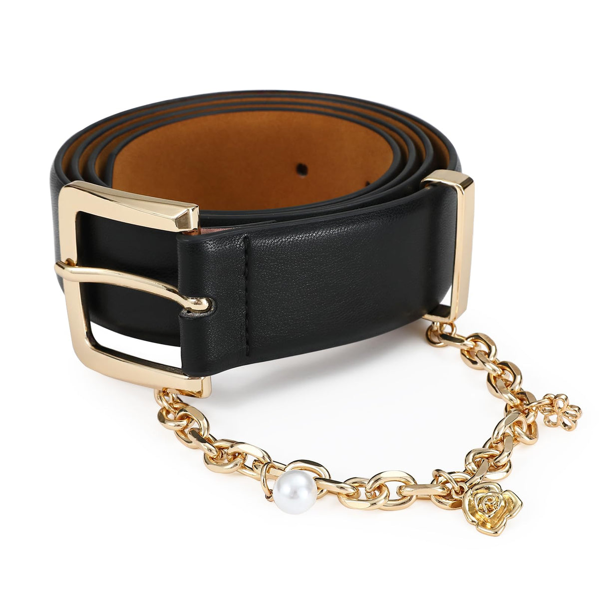 AI DEEBLUE Women's Leather Belt for Jeans Black Belt with Gold Buckle and Chain Fashion Belts for Women