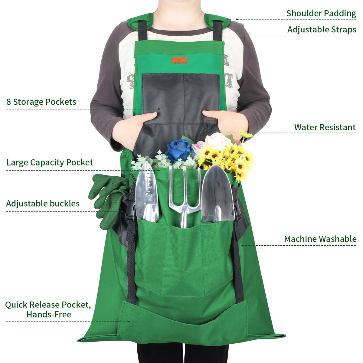 Garden Harvest Apron, Patioland Green Adjustable Fruit Picking Apron w/Bottom Release Pocket,Gardening Apron with Gloves for Women & Men, Fruit Picking and Foraging Apron for Gardeners,Gardening Gifts