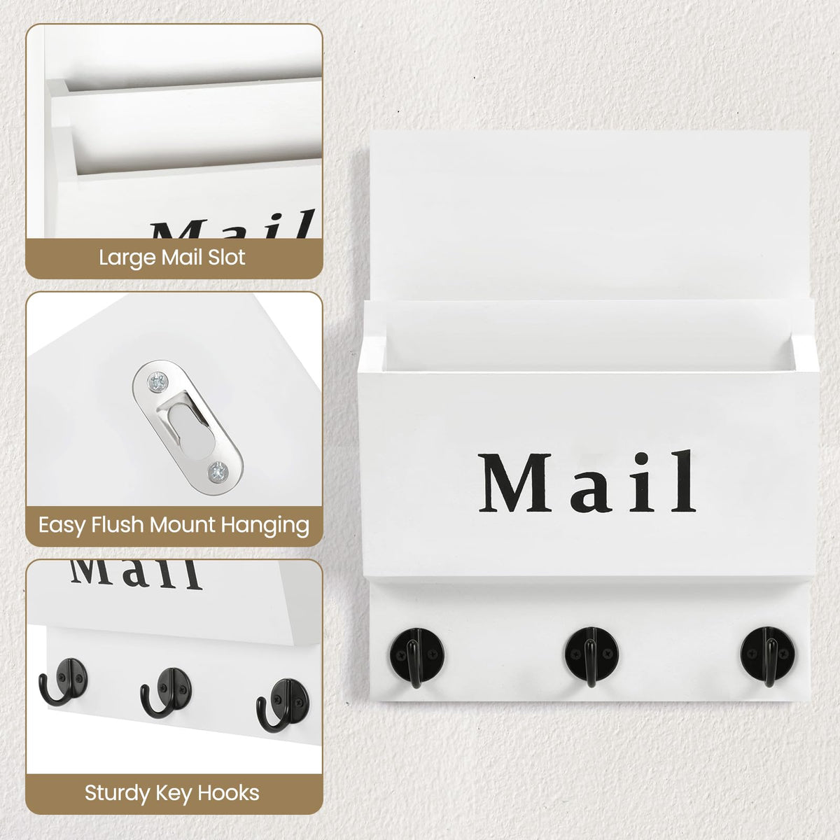 Lucundm Mail and Key Holder - Decorative 8.86" x 11.42" Wall Key Hanger with 2 Mail Organizer Slots and 3 Hooks - Real Paulownia Wood with Keyhole Brackets, Hardware and Instructions (White)