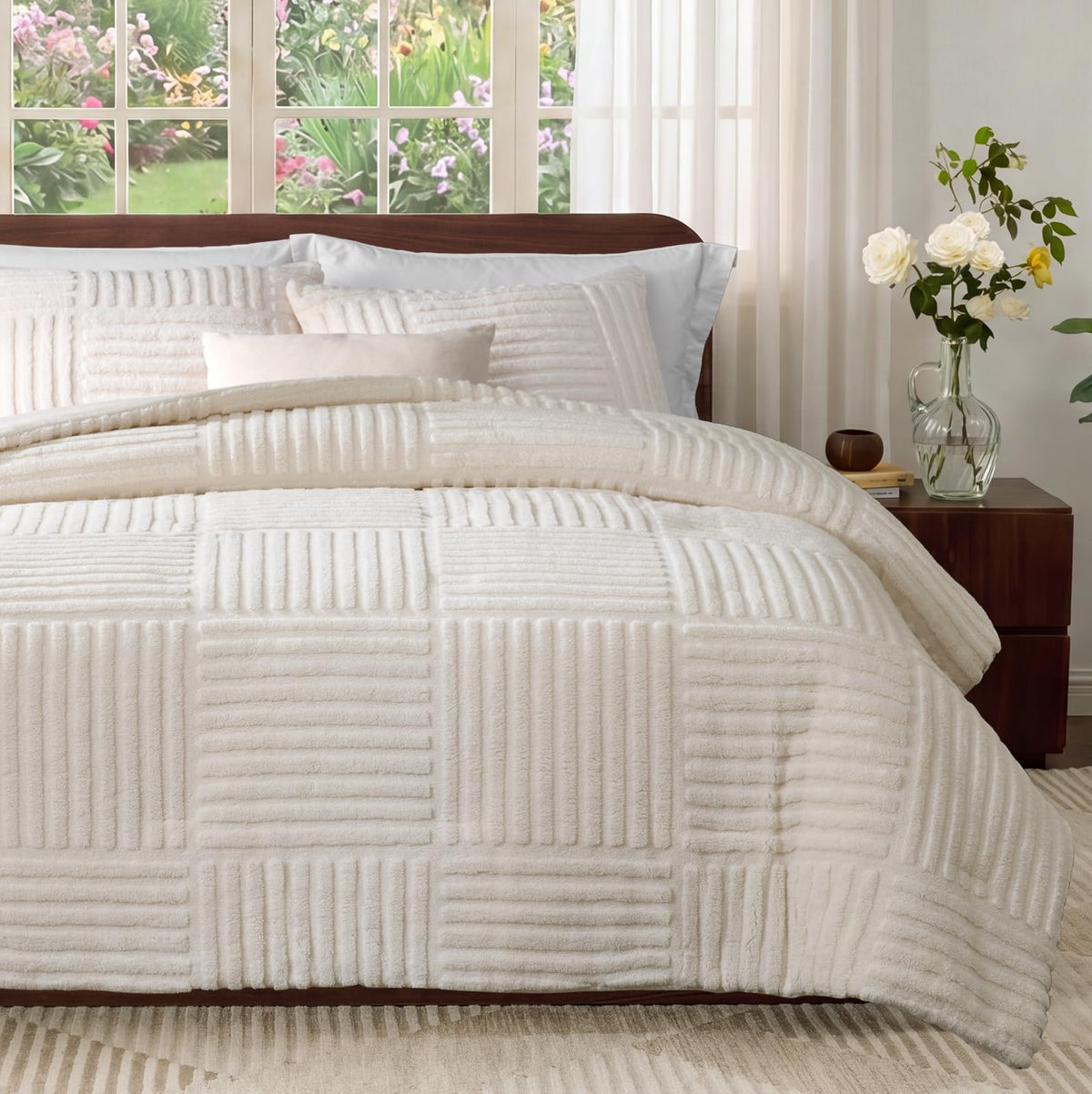 Amélie Home Fleece Comforter Set Queen Size, Beige Fleece Bedding Set with Stripe Jacquard, Soft Fluffy Bedding Set, 3 Pieces, 1 Warm Comforter and 2 Pillowcases