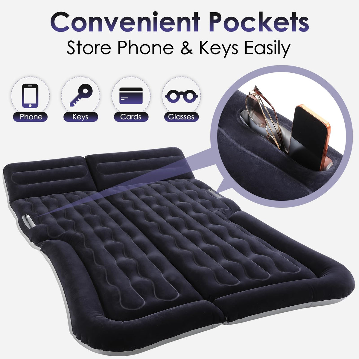 Eooqi Inflatable Car Air Mattress for SUV, Sedan, Truck & Minivan, Back Seat Car Bed for Car Camping & Travel, Portable Mattress with earplugs, Window Screens, Eye Mask & Storage Bags
