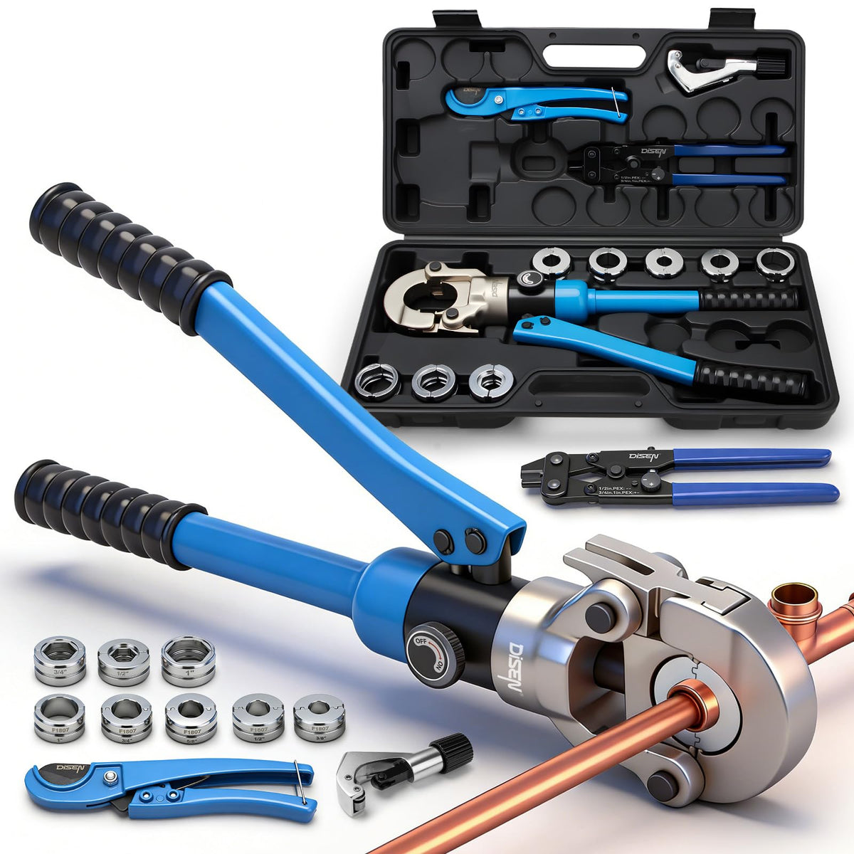 DISEN Hydraulic Copper Pipe Tube Fittings Crimping Tool with Copper Cutter, PEX Tubing Cutter and Copper Ring Removal Tool, Hydraulic Driven Press Tool with 8 Dies for Copper Pipe or PEX Pipe Crimp