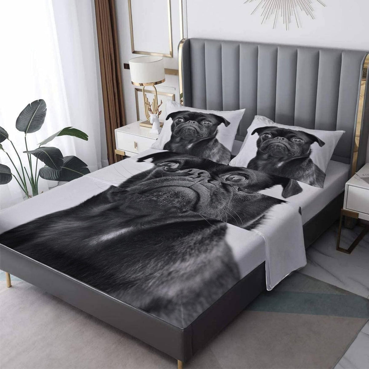 THYUNQ Pug Sheets Full Size Bed, 3D Animal Dog Pattern Bedding Sheets & Pillowcases - 16 Inch Deep Pocket, Super Soft Microfiber Printed Sheet Set 4 Piece