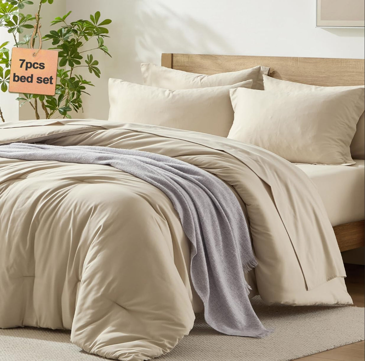 Homelike Moment Queen Comforter Set with Sheets, 7 Piece Beige Comforter Set Queen Size, Full Size Bed in a Bag Lightweight and Machine Washable