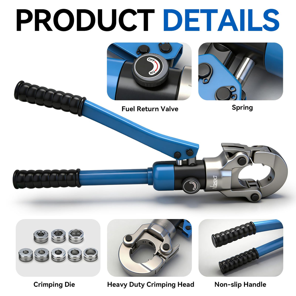 DISEN Hydraulic Copper Pipe Tube Fittings Crimping Tool with Copper Cutter, PEX Tubing Cutter and Copper Ring Removal Tool, Hydraulic Driven Press Tool with 8 Dies for Copper Pipe or PEX Pipe Crimp
