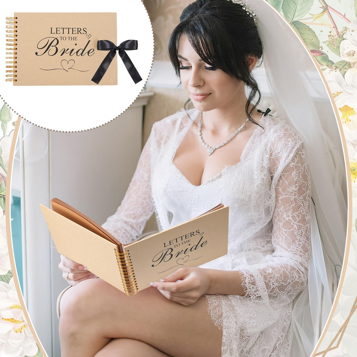12.6 x 8.3 Inch Letters to The Bride Scrapbook Wedding Memory Book Photo Album Kit with Pens Tapes Flower and Stickers 40 Pages Bridal DIY Blank Paper Scrapbook Hardcover for Lover Friend Kid Wedding