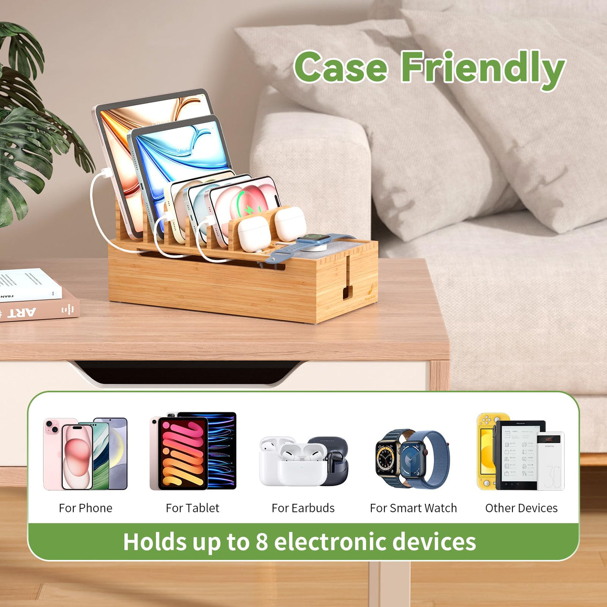 Pezin & Hulin Cell Phone Charging Station for Multi Devices, All in One Desktop Charger Organizer, with Power USB Charge Adapter and 6 Cables, Use As Power Strip Hidden Box -Natural Bamboo Color