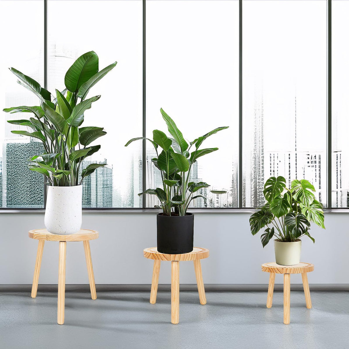 Amdermi 3-Pack Wood Plant Stands Indoor, Single Plant Stand for 6-12 Inch Pots, Mid-Century Modern Plant Stool, Tall Plant Stand for Large Plants for Living Room, Balcony, Office (Light Brown)