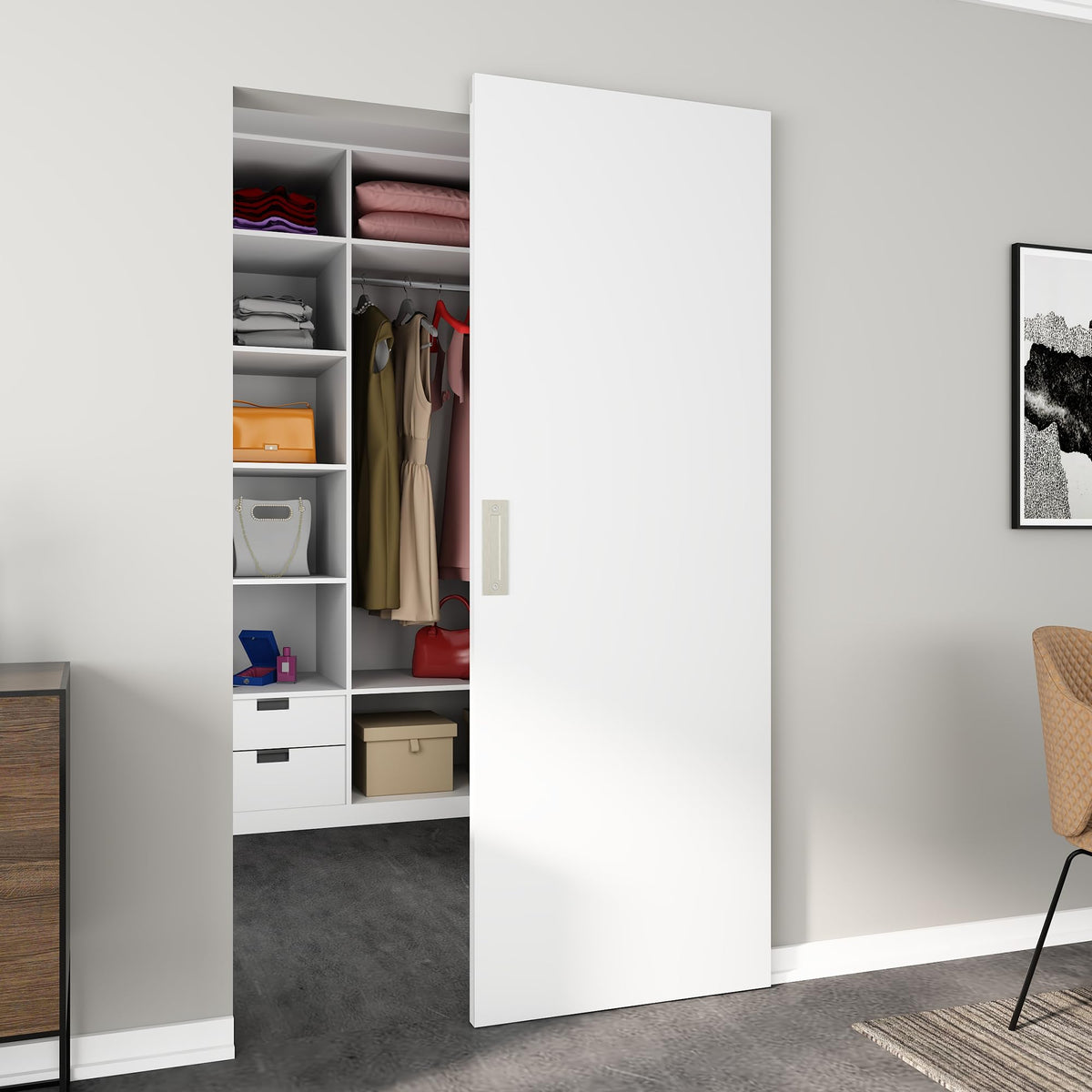 JUBEST 30"x84" Flush Solid Core White Primed Concealed Sliding Hidden Barn Door with Soft Close Installation Hardware and Double Sided Pulls Included