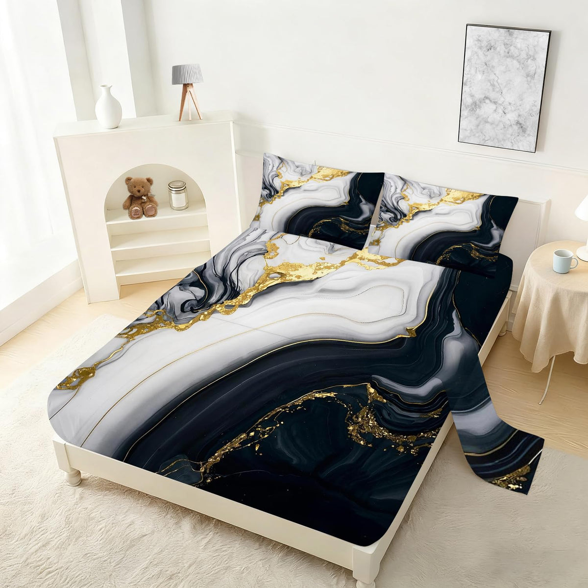VTKON Black Gold Marble Sheets Sets Twin Size Elegant Marbling Fitted Sheet Set 3D Marble Bed Sheet for Kids Teens Adults Modern Bedspread 1 Fitted Sheet+1 Flat Sheet+1 Pillowcase