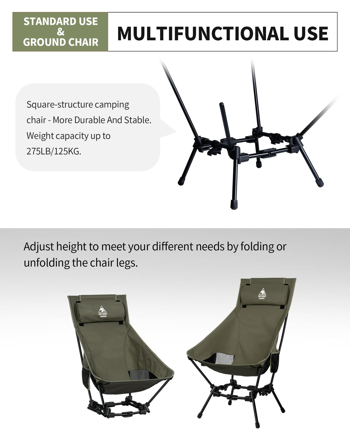 ONETIGRIS Dragonhide Oversized Camping Chair with Pillow Design, Comfortable Widened Seat Folding, 275 lbs Capacity