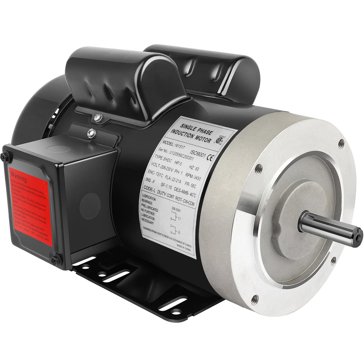 5HP Electric Motor 3450RPM General Purpose Single Phase Motor 208-230V 56C Frame 5/8" Shaft Diameter 60HZ TEFC