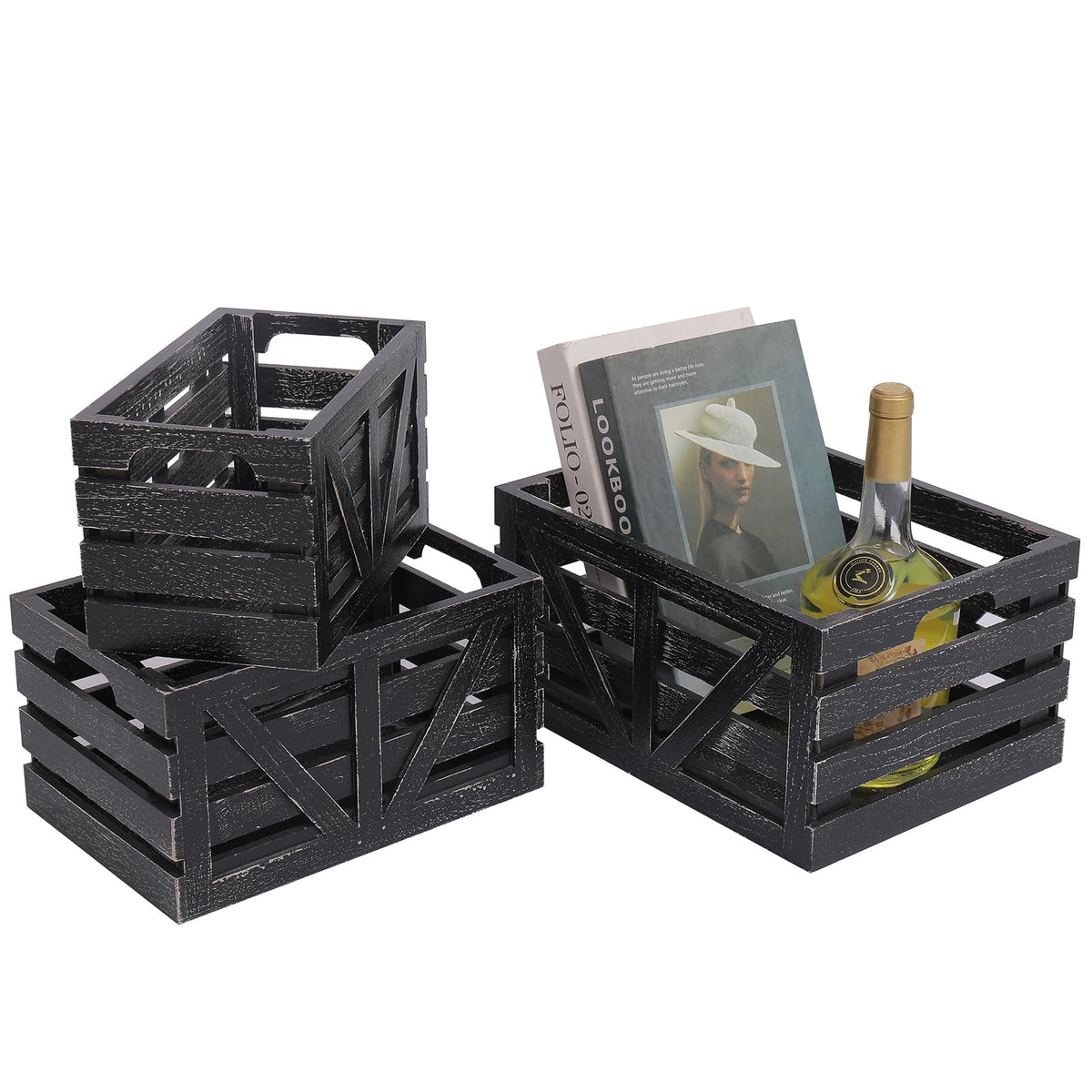 HTAYUXWO Storage Crates Nesting Wooden Boxes 3 Pack,Wood Storage Crates with Handles,Rustic Farmhouse Crates,Wooden Storage Container for Display