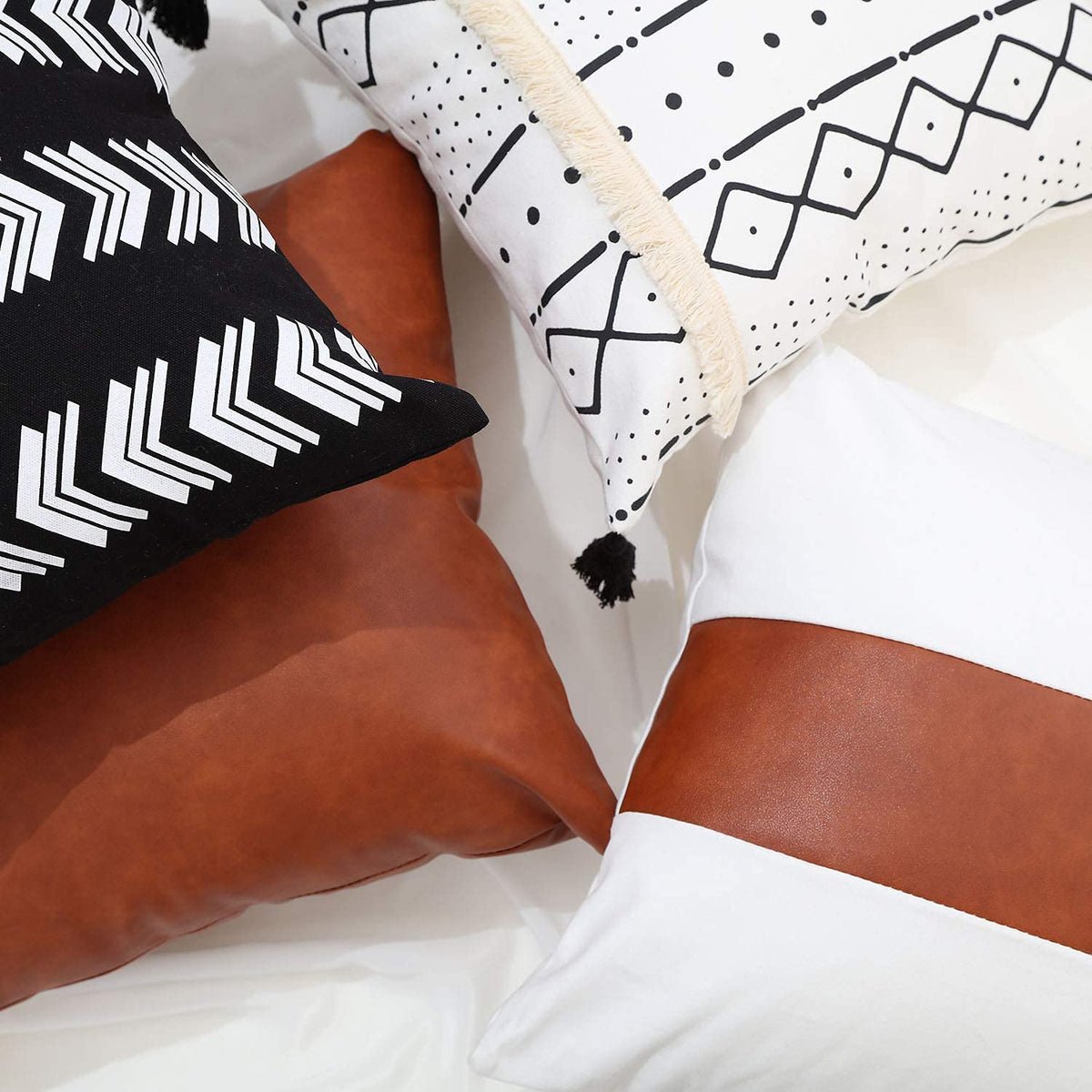 GALMAXS7 Boho Throw Pillow Covers 18 x 18 Set of 4 - Modern Stripe Geometric Farmhouse Decorative Pillow Cover Sets for Pillows - Couch Sofa Bed,Faux Leather Black and White Pillow Covers